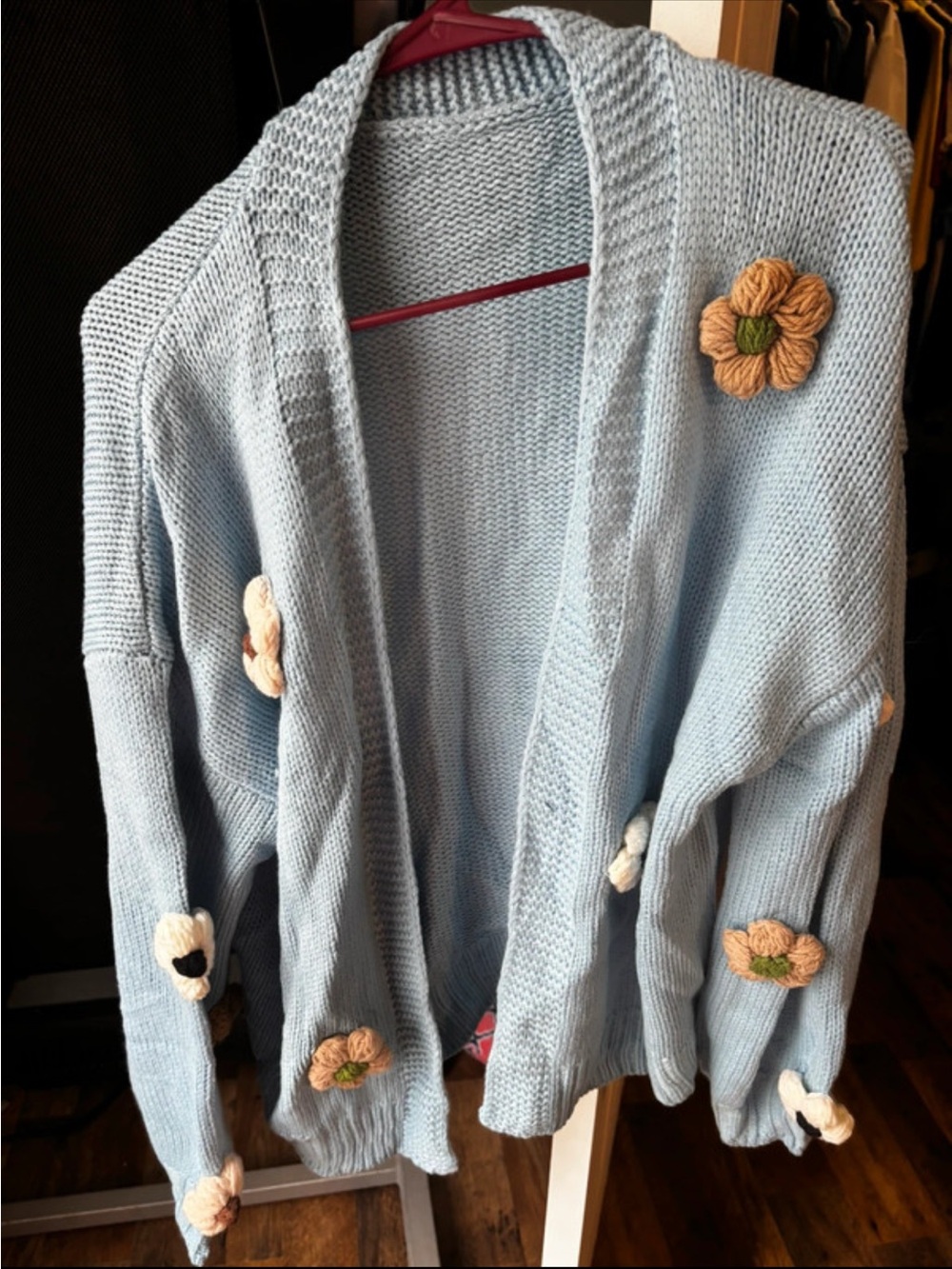 Light Blue Floral Appliqué Open Cardigan Sweater
